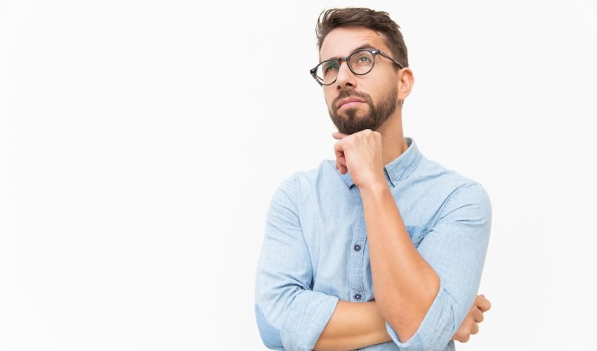 Pensive customer thinking over special offer
