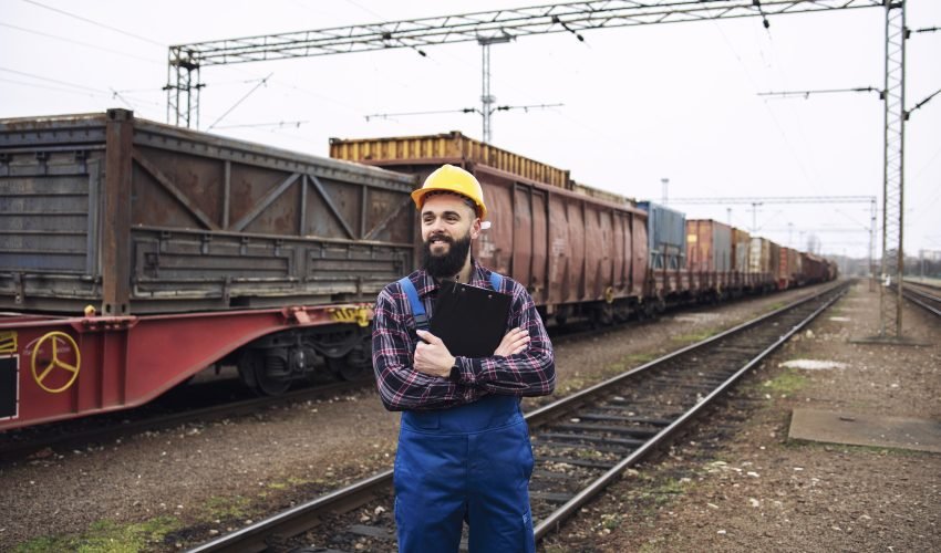 Shipping worker looking at train coming to the station and organizing goods distribution and export.